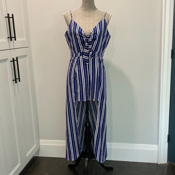 NAVY Blue and White Striped Maxi Romper with Cut-Out Sz Large - Picture 3 of 17